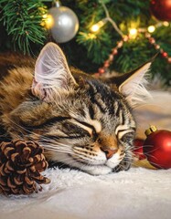 cat sleeping next to Christmas tree with ornaments it knocked off the tree