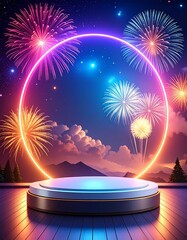 white and gold pedestal product display with light ring and fireworks in background