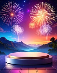 white pedestal product display  with tropical mountain scenery with fireworks in background