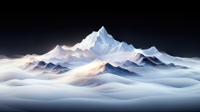 A dramatic, ethereal landscape featuring snow-covered mountain peaks rising above a sea of soft, white mist against a dark, starry sky.