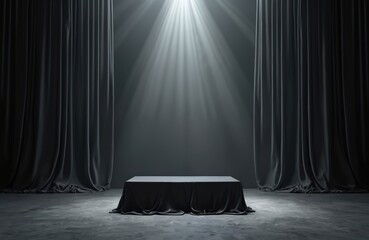 Black box covered by cloth under spotlight and curtains. Empty stage ready for product reveal or event. Modern clean studio with dramatic lighting.