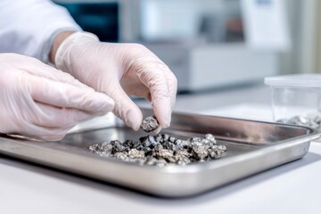 Closeup of scientist hands in protective gloves sorting metallic mineral samples on stainless steel tray, concept of deep sea exploration, laboratory analysis, research, geology