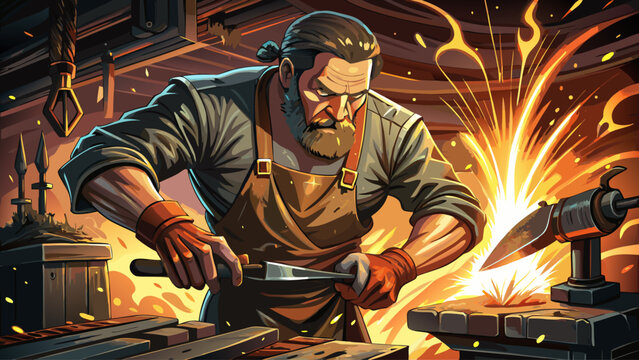 A hyper-detailed macro scene of a blacksmith&rsquo;s weathered hands forging glowing hot metal, sparks flying as the hammer strikes, showcasing skill and intensity in a dim workshop