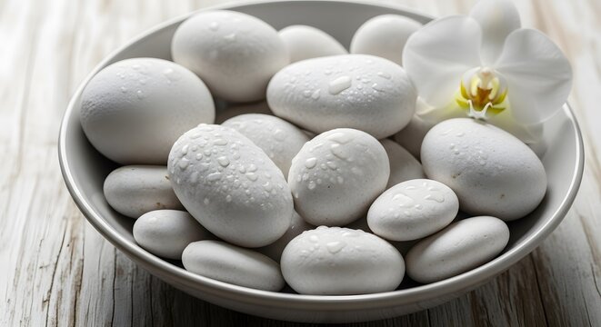 Bowl of White Spa Stones with Water Droplets and Orchid Flower Wellness Still Life Zen Bathroom Decoration and Home Spa Concept 150