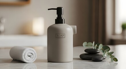 Elegant Minimalist Soap Dispenser on Marble Countertop with Rolled Towel Zen Stones and Eucalyptus Modern Bathroom Decor Spa Interior 150 Char