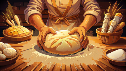 A close-up photorealistic shot of an artisan baker’s flour-dusted hands shaping dough on a wooden table, illuminated by warm, directional light that highlights texture and craftsmanship