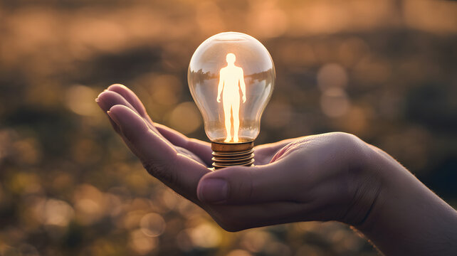 Person holds a radiant lightbulb with a human silhouette inside, symbolizing innovation, creativity, and the power of ideas for sustainable future growth