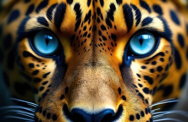 Leopard face extreme close-up with piercing blue eyes. Majestic wild cat macro portrait with golden spotted fur. Digital art illustration of powerful predator. Fantasy jungle animal with intense gaze