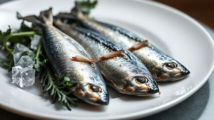Glistening, jewel-like sardines and dark leafy greens on a white plate with crystalline structures of calcium.