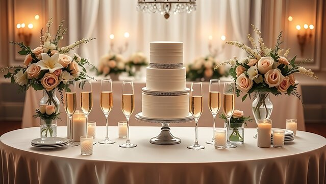 Elegant wedding catering display with tiered cake and floral arrangements.