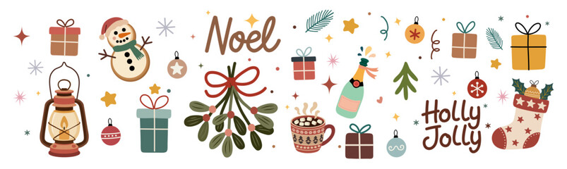 Festive vector illustration of Christmas elements including gifts, ornaments, mistletoe, snowman, lantern, cocoa, stocking, and holiday lettering in a playful, colorful style