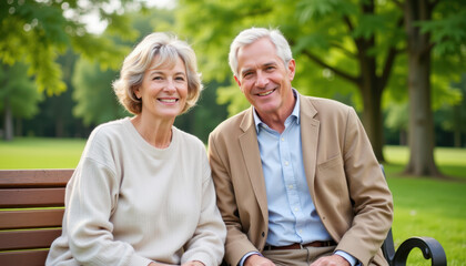 Elderly couple sitting on a bench and smiling in a park  