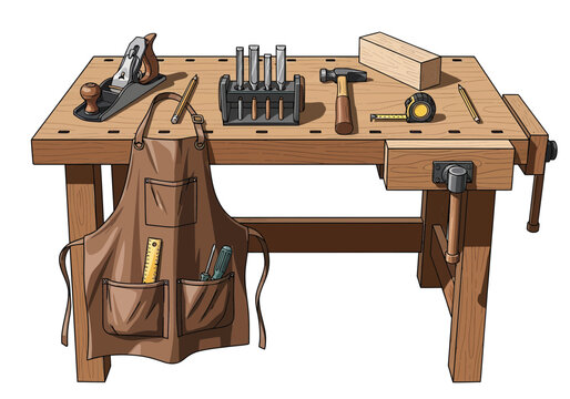 Carpenter Workbench With Tools And Leather Apron.