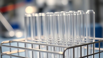 Glass test tubes in metal holder, showcasing scientific equipment in a sterile laboratory setting.