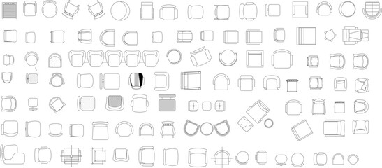 Obraz premium Extensive collection of diverse seating furniture in plan view, including hundreds of chairs, armchairs, and stools, ideal for detailed architectural layouts.