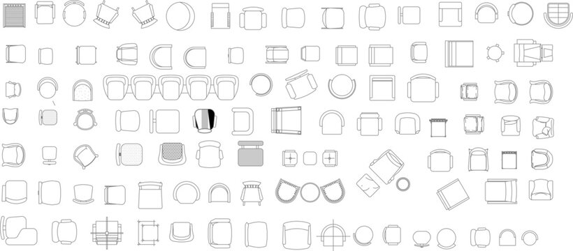 Extensive collection of diverse seating furniture in plan view, including hundreds of chairs, armchairs, and stools, ideal for detailed architectural layouts.