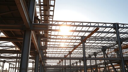 Industrial metal framework under assembly with structural beams casting long shadows in afternoon sunlight.
