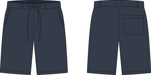 technical flat sketch of men’s drawstring shorts with belt loops, side pockets and back patch pocket, apparel design template