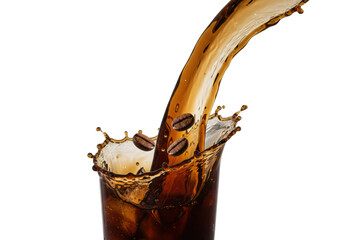 Ultra-photorealistic medium close-up of a glossy, volumetric dark iced coffee splash, frozen mid-air with suspended roasted beans, against a white background. Concept for beverage advertising