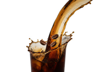 Ultra-photorealistic medium close-up of a glossy, volumetric dark iced coffee splash, frozen mid-air with suspended roasted beans, against a white background. Concept for beverage advertising