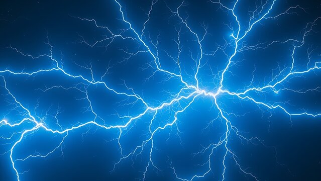 Neon blue and white fractal electricity branching through cosmic void, symbolizing natural energy.