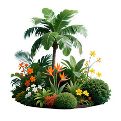 Tropical plants with palm tree and colorful flowers