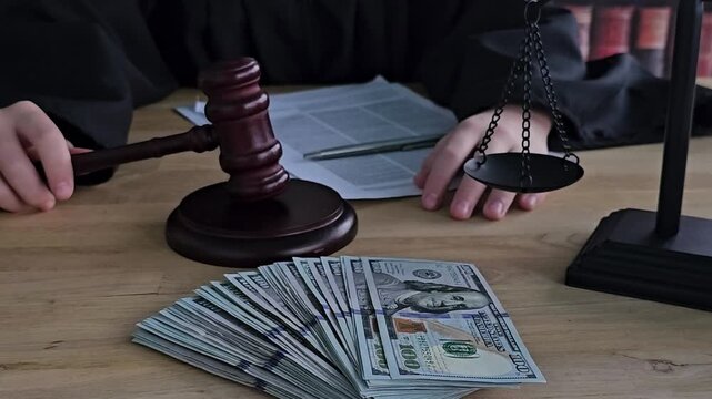 Judge presiding over a case with stacked cash and legal tools on the table