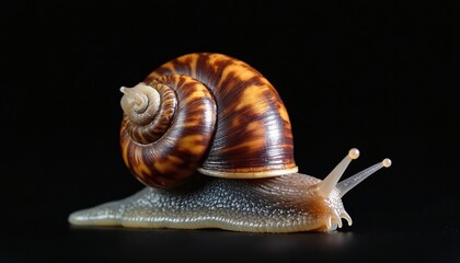 Giant African land snail moves slowly on black surface. Large brown patterned shell spirals upward. Its body is slimy and light colored with visible antennae.