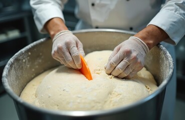Baker gloved hands shape raw dough in large metal basin. Man uses orange scraper tool in industrial food preparation. Professional baking process at factory.