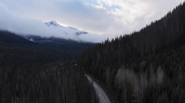 Winding Road Through Lush Forest Towards Majestic Snow-Capped Mountains in British Columbia, Canada