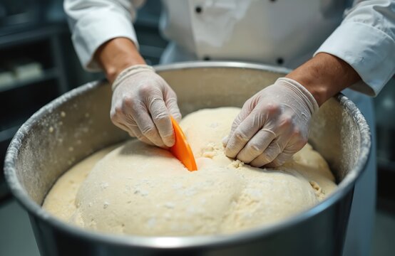 Baker gloved hands shape raw dough in large metal basin. Man uses orange scraper tool in industrial food preparation. Professional baking process at factory. - Powered by Adobe
