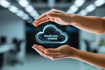 Hands cradling a glowing digital cloud icon representing secure data storage and cloud computing services in a modern office environment