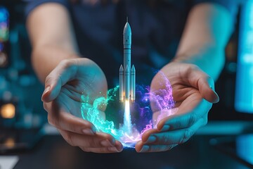 Hands cradle a glowing rocket launch symbolizing innovation future technology and the exciting possibilities of space exploration