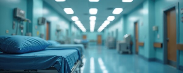 Hospital corridor with empty beds. Medical equipment on wall. Clean sterile room interior. Blue clean environment for patient care. Emergency ward.