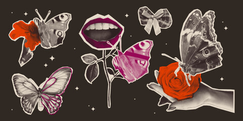 Halftone butterfly collage with grunge vintage flower stickers and opem female mouth. Monochrome dotted insects and roses, ribbon bow and lips with star sparkles - retro punk scrapbooking elements.