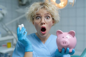 Dentist woman holding piggy bank shocked by healthcare cost