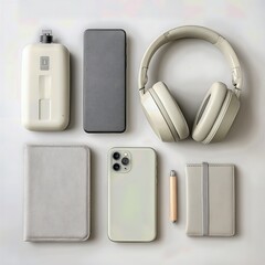 Aesthetic Flat Lay of Modern Tech Accessories Including Headphones, Smartphone, Charger, Notebook, and Pen on a Light Background