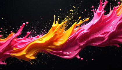 Abstract art composition features dynamic paint splash. Artwork vibrant pink orange hues against dark background. Colorful paint textures create energetic, explosive, creative design suitable for