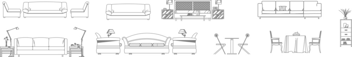 Vector line drawings of living and dining room furniture in front elevation, including sofas, tables, chairs, and lamps, for architectural sections.