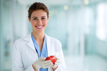 Woman doctor cardiologist in uniform holding red heart in medical clinic.