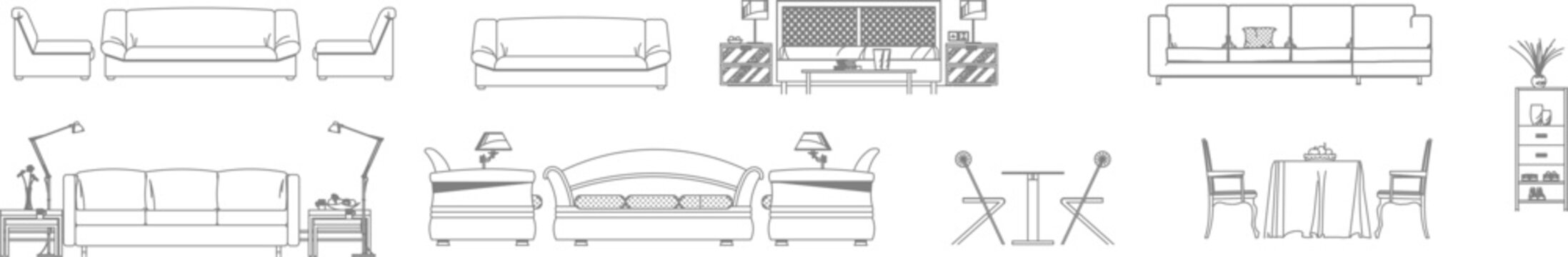 Vector line drawings of living and dining room furniture in front elevation, including sofas, tables, chairs, and lamps, for architectural sections.