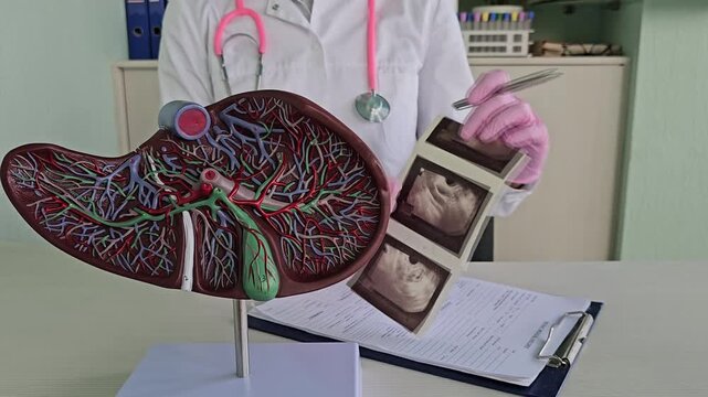 A doctor examines a liver model alongside ultrasound images. Ultrasound diagnostics of liver diseases