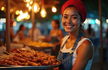 Smiling young woman with red headscarf sells grilled meat skewers at busy outdoor night market. Wears denim overalls, white top. Food stall features bright lights, customers visible in background.