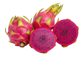 ultra-detailed macro of three vibrant dragon fruits, one sliced to show pink pulp and black seeds, isolated on a transparent background with soft high-key studio light. concept of healthy exotic