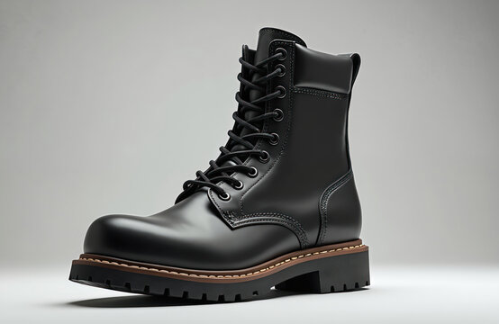 Black construction boot stands on white background. Leather footwear with thick sole. Style concept. Isolated work boot. Fashionable shoe. Military design. Hard wearing pair.