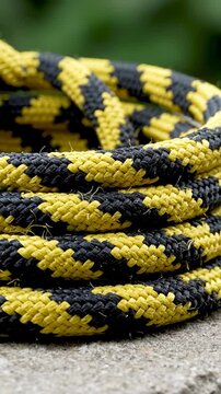 Close-up view of braided rope with black and yellow colors. Material showcases high durability and flexibility. Ideal for outdoor adventures and industrial purposes.