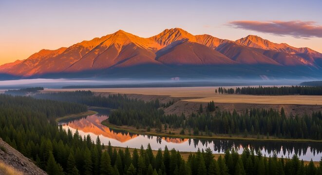 sunset over golden peaks with winding river forested slopes and open plains under clear sky - Powered by Adobe