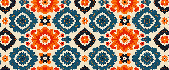 Seamless floral pattern in blue, orange and red colors, ornamental vector design