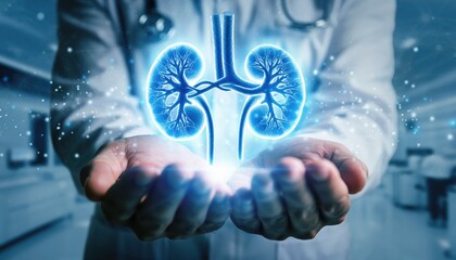 Hands Offering Glowing Human Kidney with Medical Background and Technology Elements