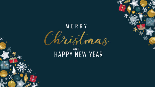 Merry christmas and happy new year greeting card with snowflakes and christmas ornaments in the corner